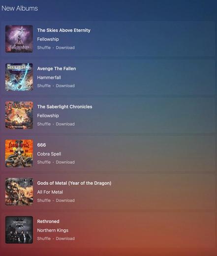 Screenshot des nouvelle album sur mon serveur Koel ; Fellowship, Hammerfall, Cobra Spell, All For Metal et Northern Kings