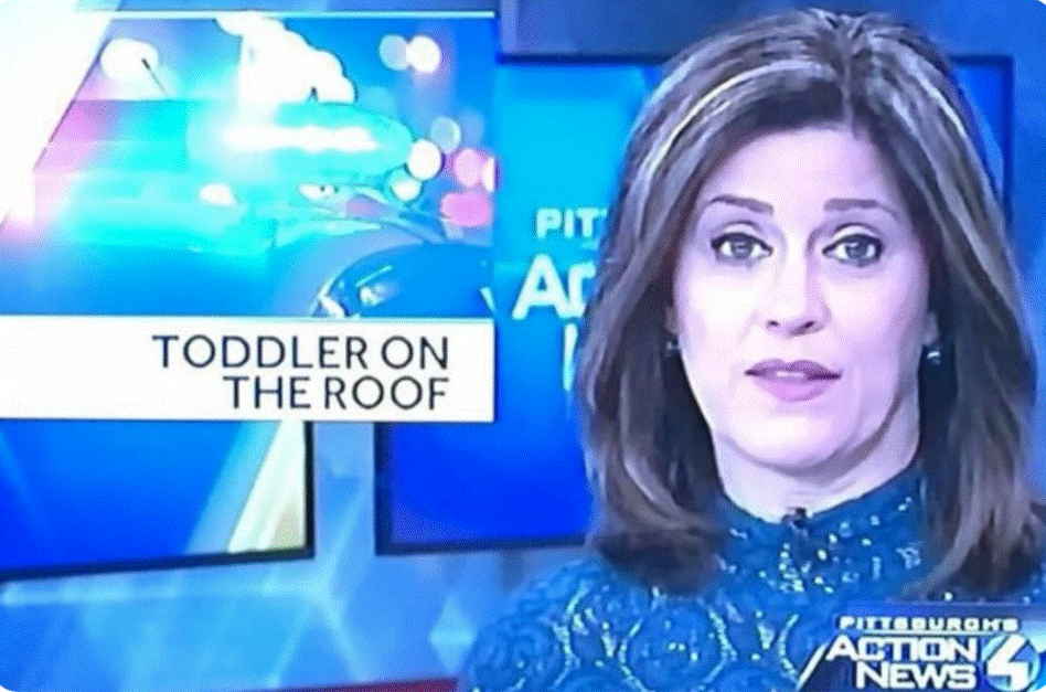 Newswoman's head (channel 4) beside a photograph of police car headlights with the headline "Toddler on the Roof".