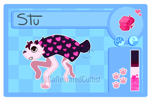 Digital art reference/adopt sheet for a wobbledog named Stu. Displaying traits, favorite food, and color palette!

Wobbledogs (c) Tom Astle.
Artwork by, CaffeinatedCultist