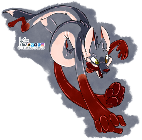 Digital art of a stretchy maned wolf character in a dynamic pose that appears to be stretch running towards the camera