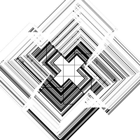 Computer generated image of a tilted black outline cross on white background. Cross is scaled up and multiplicated with various outline width