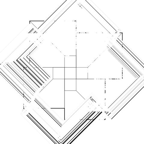 Computer generated image of a tilted black outline cross on white background. Cross is scaled up and multiplicated with various outline width.