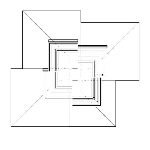 Computer generated image of a black outline cross build of squares on white background. Cross is scaled up and multiplicated with various outline width