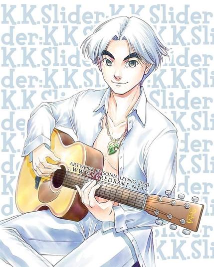 Young man with white hair and clothes playing guitar
