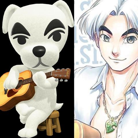 Comparison shot with original video game character : white dog playing guitar