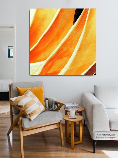 Orange, cream and black abstract that looks like flames in a decor setting by artist Sharon Cummings.