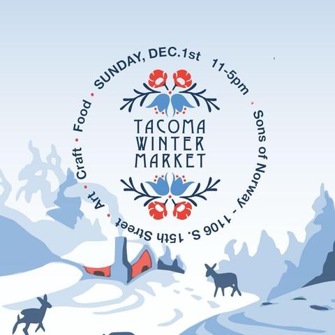 Flyer with circle dark green text inses Tacoma Winter Marker bordered by Scandinavian style  floral illustration all over  icy blue background  with with illustration snow covered cabin and blue reindeer in foreground