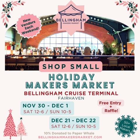 Holiday Makers Market flyer with pink and green floral illustration in top corners, Christmas tree and snow  flake illustration in bottom corners, color photo of market space at top and pink and green text over cream background
