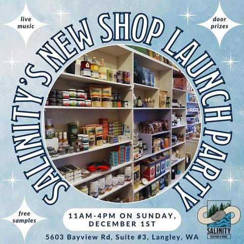 Salinity’s New Shop Launch Party text in teal and white in semi circle around picture of shelves packed with food goods. Over icy blue background with stars and 4 starbursts with teal text inside