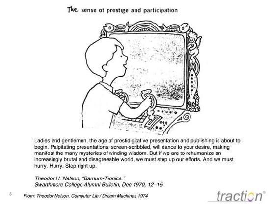 A line art cartoon of grade school age child grasping two steam punk style hand controls while laughing and peering into an ornately decorated screen just in front of him.

The sense ot prestige and participation

Ladies and gentlemen, the age of prestidigitative presentation and publishing is about to begin. Palpitating presentations, screen-scribbled, will dance to your desire, making manifest the many mysteries of winding wisdom. But if we are to rehumanize an increasingly brutal and disagreeable world, we must step up our efforts. And we must hurry. Hurry. Step right up.

Theodor H. Nelson, "Barnum-Tronics."
Swarthmore College Alumni Bulletin, Dec 1970, 12-15.

From: Theodor Nelson, Computer Lib / Dream Machines 1974