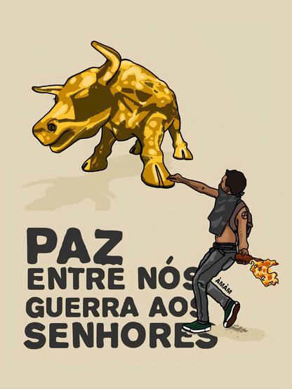 O poster trás uma ilustração de um jovem que lança um coquetel molotov contra o touro de ouro ( uma alusão ao Touro de Wall Street em Nova York. )

O jovem representa a insurgência contra a opressão capitalista.

O pôster trás a seguinte frase: “ paz entre nós, guerra aos senhores ”