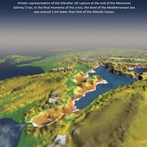graphic - Artistic representation of the Gibraltar sill rupture at the end of the Messinian Salinity Crisis. In the final moments of this crisis, the level of the Mediterranean Sea was around 1 km lower than that of the Atlantic Ocean.