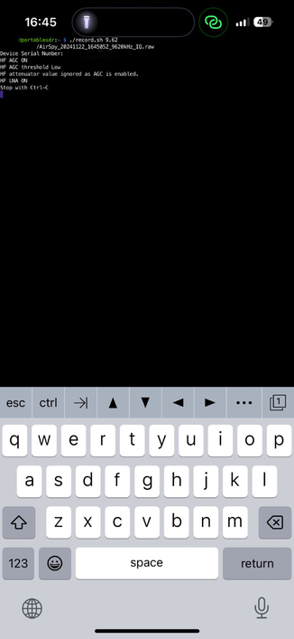 This image is a screenshot of an SSH app running on my terminal. It shows me issuing a ./record.sh command that triggers airspyhf_rx command line utility that captures the SDR’s output to a local file on Pi’s microSD card. It uses the centre frequency that I specify to the record.sh she’ll script.