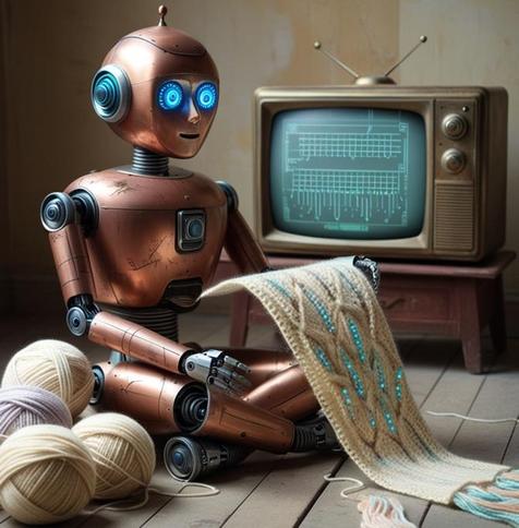 AI-generated image of a robot knitting in front of an old CRT TV that displays a knitting program.