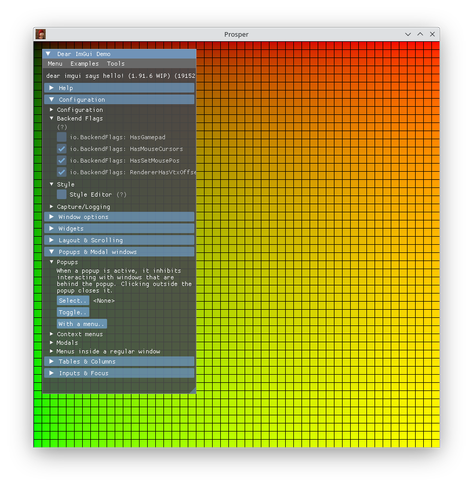 A window with a color gradient in the background (drawn with a compute shader) and the Dear ImGui example window in the foreground showcasing all the capabilities of the UI framework.