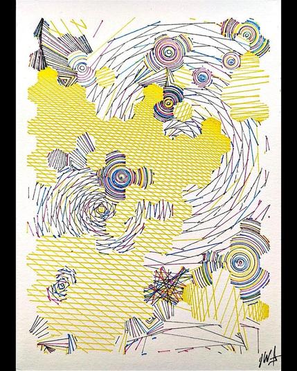 A deeply intricate pen plotter piece inspired by wave function collapse. Its dynamic, sweeping lines and swirling intersections echo the chaos of a mind struggling in the storm. The layers of lines symbolize descent, revealing the intricate, uncontrollable patterns of thought, emotion, and the universe. The artwork's abstract nature allows the viewer to feel the intensity of forces beyond control, blending physical and mental states into one visual narrative.