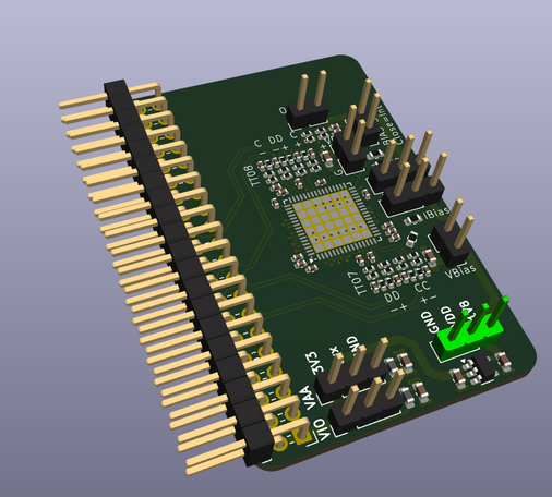 3D kicad render of a PCB with a large 40 pin on the right, a QFN64 footprint in the center, some random 2/3 pins headers and a shitload of passives.