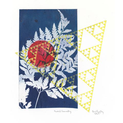 In this print is I have combined a cyanotype of a fern leaf on a vertical rectangle of Japanese paper on the left side, with a red gel print on top of the fern and yellow lino block print of a fractal Sierpiński triangle set at an angle overlapping the cyanotype, red dot and the white sheet on the right of the print.