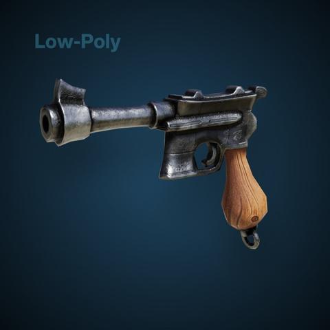 A stylized 3D old pistol with low polygon count and detailed textures.