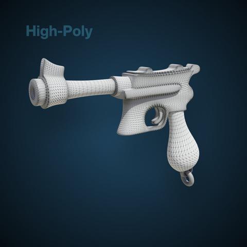 Wireframe of a stylized 3D old pistol with high polygon count.