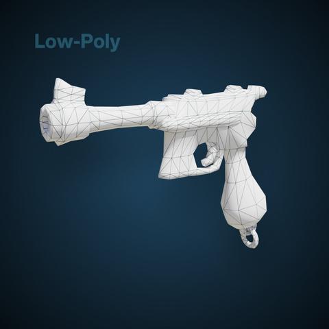 Wireframe of a stylized 3D old pistol with low polygon count.