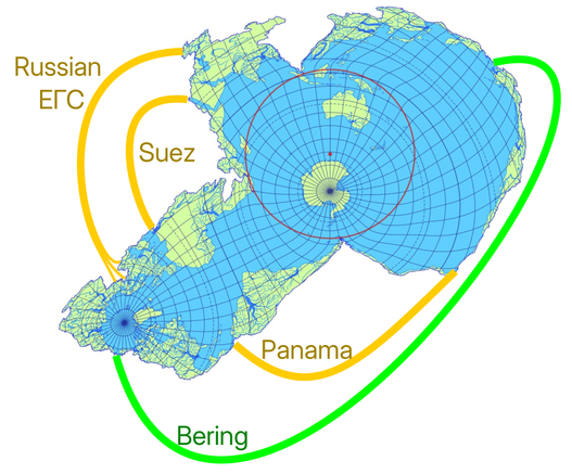 Cameron Aquatic projection plus links for Bering straight, Suez and Panama Canals, and the Russian "unified deep water system".