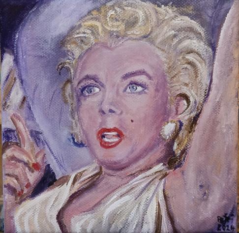 An ail painting of Marilyn Monroe in the movie "The Seven Year Itch".
Sitting in an armchair, saying something, left arm up, right forefinger pointing. Big white earring. Red lips. Blond hair. White dress.