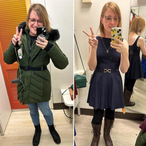 2 side by side mirror selfies. The left one is me wearing a green winter coat and blue jeans. The right one is me wearing a navy blue dress.