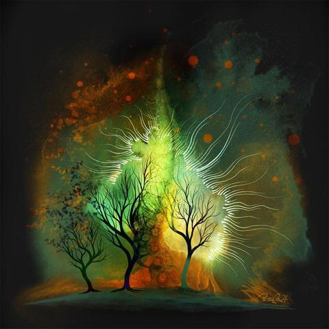 watercolour & ink; dark brown background with the silhouettes of three trees; the background is coloured in greens and fiery red and oranges, a fractal curve rises in the centre, on the left the smallest of the trees has leaves which are pulled upwards, the outer edges of the image show frazzled orange, light dots are scattered at the top.