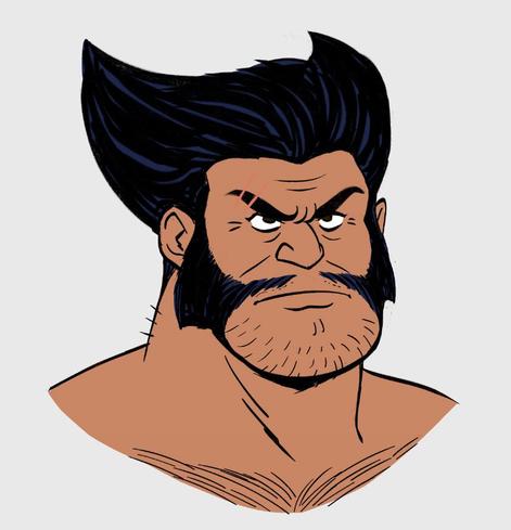 A colored bust drawing of Logan Wolverine from X-Men, maskless with a stern serious facial expression and big sideburns poking out. Along with two scars on his right eyebrow

Signed, AngeloFalls