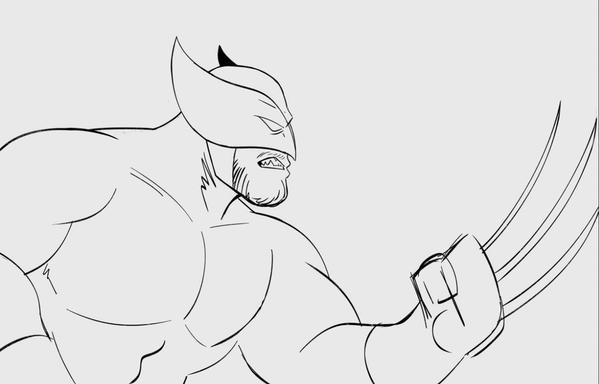 A sketch drawing of Wolverine from X-men in a side profile, in suit, with one clenched arm out and his claws unsheathed. 

Signed, AngeloFalls