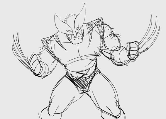 A sketch drawing of Wolverine from X-men, in suit, facing the viewer with a wide stance and claws from both arms unsheathed.

Signed, AngeloFalls