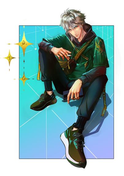 Digital art of modern world version of Alhaitham  from Genshin Impact. His outfit  uses the same colour scheme as in the game but is  made to look like modern clothes