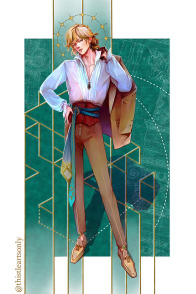 Digital art of modern world version of Kaveh from Genshin Impact. His outfit  uses the same colour scheme as in the game but is  made to look like modern clothes