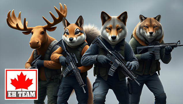 The Eh-Team; Canadian Canuck Commandos. From left to right: Moose with gun; squirrel with gun; wolf with gun; cougar with gun. All four looking lean and mean and ready for battle.