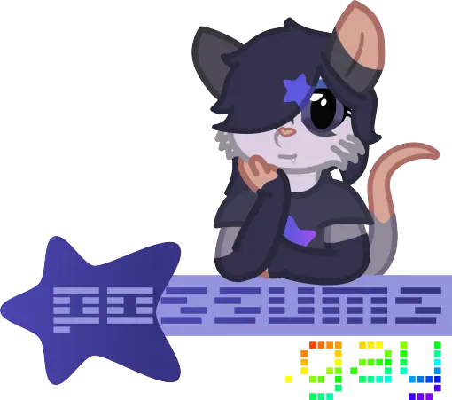 stylized logo saying "possums.gay", with the "possums" made with various lines, and ".gay" made with rainbowy-pixels. there's a prominent stretched out star at the start of "possums".
above the logo is the possum mascot mika, a possum with very dark-blue hair covering one of her eyes. she's posed with one of her arms propping her head up, leaning onto the text below her.