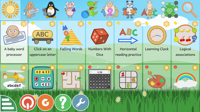 A screenshot of GCompris's colourful main window, with tons of activities for kids of all ages