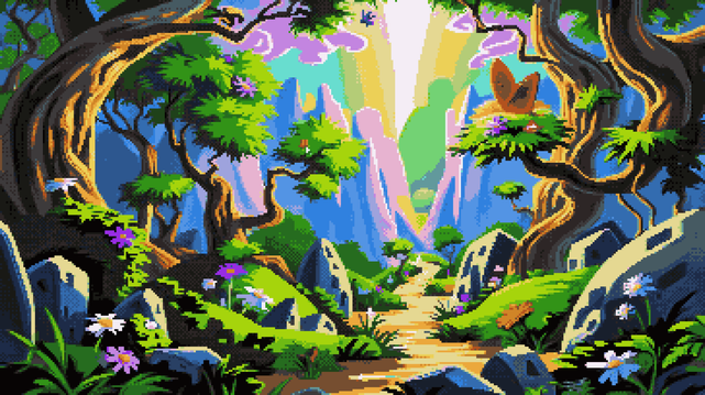 Pixel art of a sun-drenched forest path, winding its way through an emerald embrace. Towering trees, their trunks gnarled and twisted like ancient limbs reaching for the heavens, stand sentinel along the route. Their leaves, a vibrant tapestry of green, drink deep from the golden light that filters through the canopy. Tiny wildflowers in hues of amethyst, alabaster, and burnt orange dot the path, their delicate petals unfurling towards the sun. Gray boulders, worn smooth by time and weather, rest upon the forest floor like forgotten giants. Beyond the verdant embrace, a majestic mountain range rises up into the distance, its peaks crowned with wisps of cloud. The air thrums with life; unseen creatures rustle through the undergrowth, while a lone butterfly alights upon a sun-kissed branch, its wings spread wide in a display of delicate artistry. High above, against a backdrop of lavender and rose clouds, a tiny blue bird takes flight.