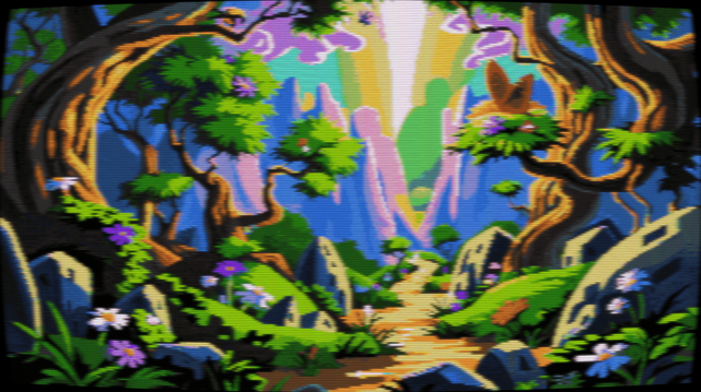 Pixel art of a sun-drenched forest path, winding its way through an emerald embrace. Towering trees, their trunks gnarled and twisted like ancient limbs reaching for the heavens, stand sentinel along the route. Their leaves, a vibrant tapestry of green, drink deep from the golden light that filters through the canopy. Tiny wildflowers in hues of amethyst, alabaster, and burnt orange dot the path, their delicate petals unfurling towards the sun. Gray boulders, worn smooth by time and weather, rest upon the forest floor like forgotten giants. Beyond the verdant embrace, a majestic mountain range rises up into the distance, its peaks crowned with wisps of cloud. The air thrums with life; unseen creatures rustle through the undergrowth, while a lone butterfly alights upon a sun-kissed branch, its wings spread wide in a display of delicate artistry. High above, against a backdrop of lavender and rose clouds, a tiny blue bird takes flight. The image has a CRT filter applied.