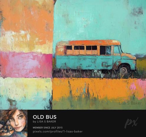 An art print of a vintage bus depicted against a bright and colorful background divided into blocks of orange, pink, and teal.  Art by Lisa S Baker.