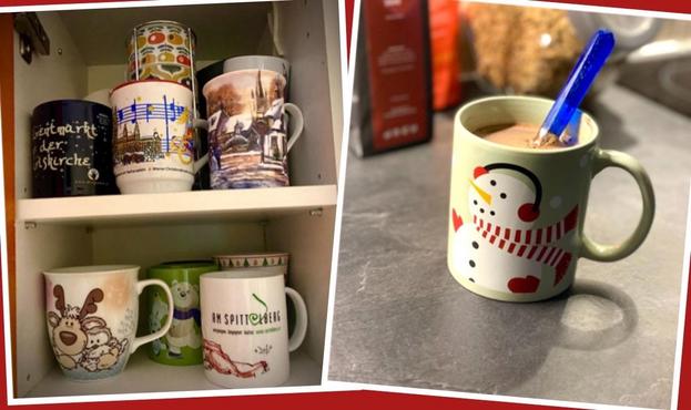 Two photos, one showing an open cupboard with a number of mugs, the other a mug with a snowman on it filled with hot chocolate.