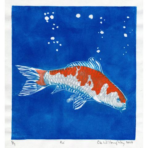 Here’s my linocut ornamental white and orange carp or koi fish against a blue watery background with a smattering of bubbles. The edition of prints are made on Japanese kozo (or mulberry) paper, 8” by 10” (20.3 cm by 25.4 cm).