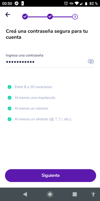 Captura de pantalla de la aplicación Prex Argentina. Al momento de crear una contraseña, pide que la misma no supere los 20 caracteres.