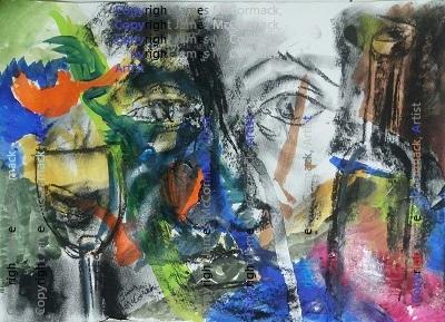 Colours of Wine.
G.
Colours of Wine is a mixed media piece containing a face, a wine glass and wine bottle, in blue, green, orange, yellow, black and white.