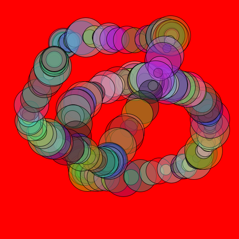 Two loops of translucent colorful circles of random sizes, made with mouse gestures, over a red background.