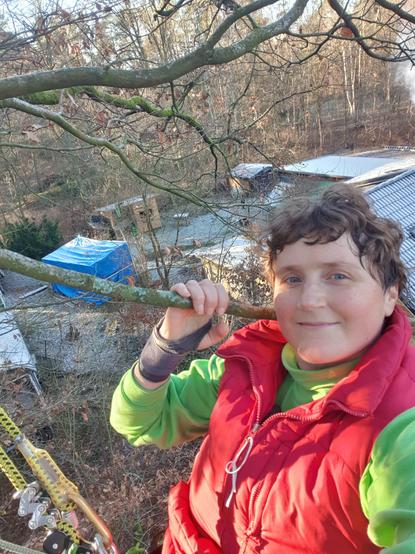 Selfie ich bin in der Sonne im Baum halte mich an einem Ast fest mit deiner Hand ich bin im Seil gesichert ich trage eine rote Jacke und einen grünen Oberteil