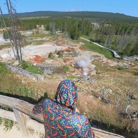 Photo of a person on an overlook, looking down upon a hot springs area in Yellowstone National Park.