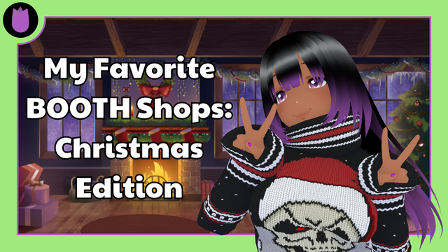 Aiyoku's main logo, a purple tulip enclosed inside a black circle, is shown in the top left corner on top of a green thumbnail frame that's behind her VRoid model.

She's holding up double peace signs and smiling at the viewer while wearing the 'Bad Santa' Christmas Jumper from House Hex Design. Next to her is the blog post title "My Favorite BOOTH Shops: Christmas Edition" written out in black and white text.

Inside the thumbnail frame is the image of a cozy cabin that has a fireplace covered in holiday decorations. Other pieces of furniture, like a tall Christmas tree and some wrapped presents, are arranged within two different corners of the cabin.