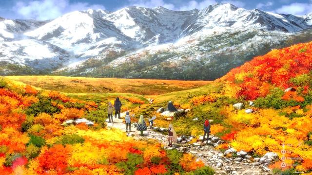 A scene from Metaphor ReFantazio. The environment is entirely drawn. There are snowy mountains in the horizon, with some greenery in their base. The fields, though, where the characters from the party are standing, are a mix of red, green and yellow grass and small bushes, with some short hills on the side and a white stone road in the middle. All 8 characters of the party are scattered through the road, all of them are with their back towards the player. from left to right, a tall black man with black clothes and black long hair, besides him a shorter white man with white hair and beige jacket, a young white man with blue hair and white clothing, a fully clothed woman with long blond hair besides him, behinf them a white woman with a red dress and very long blond hair with a red haired long eared woman with black clothing. In front of them, on a rock besides the road to the right, a black older man with white hair and black jacket is sat down.
