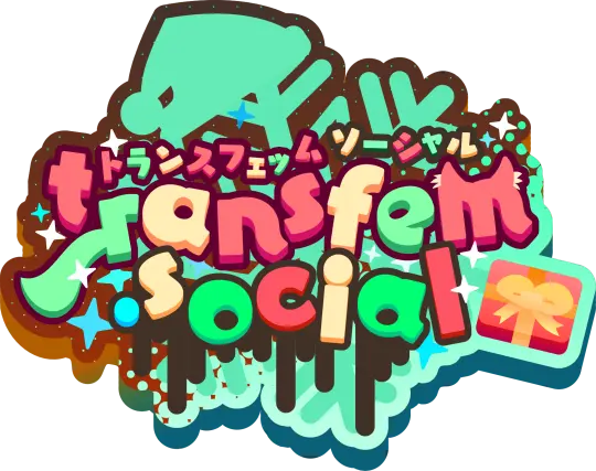 Christmas themed trnsfem.social logo with a present on the right and a christmas hat at the top.
